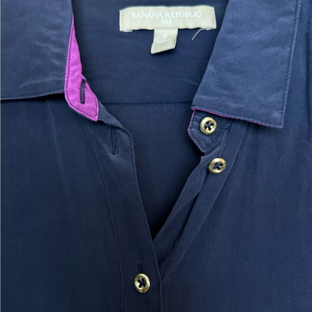 Banana Republic Dark Blue Silk Shirt with Pink Trim